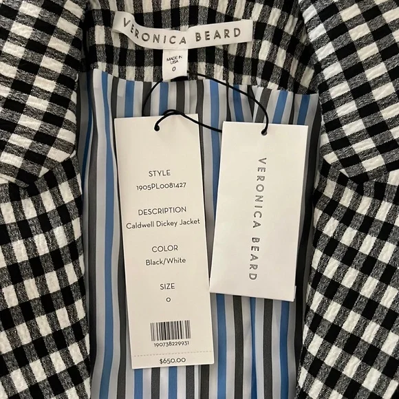 Veronica Beard Caldwell Dickey Blazer Gingham Black White NWT